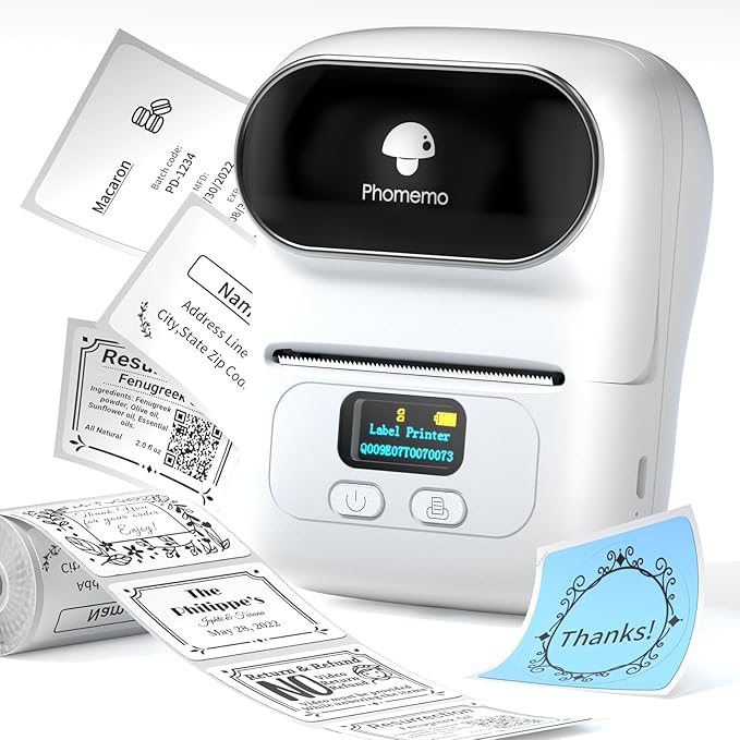 Memoqueen M110 Label Makers - Portable Bluetooth Thermal Label Maker Machine,Label Printer for Name, Barcode, Clothing, Jewelry, Retail, Mailing, for Android & iOS, with 1Pack 40×30mm Label, White