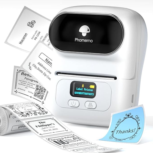 Memoqueen M110 Label Makers - Portable Bluetooth Thermal Label Maker Machine,Label Printer for Name, Barcode, Clothing, Jewelry, Retail, Mailing, for Android & iOS, with 1Pack 40×30mm Label, White