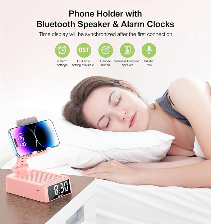 Joymate Gifts for Women Girls, Phone Stand with Bluetooth Speaker 360° Rotable Angle Adjustable Cell Phone Holder for Desk with HD Subwoofer Sound Fits All Phones,Tablets (Pink)