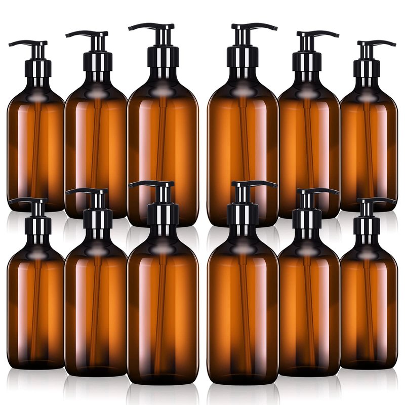 Tessco for you 12 Pack Amber Soap Dispenser Empty Plastic Pump Bottles Dispenser Refillable Shampoo for Hand Sanitizer Soap Cosmetic Lotion Body Wash Conditioner Bathroom Kitchen Travel (16.9 Oz)