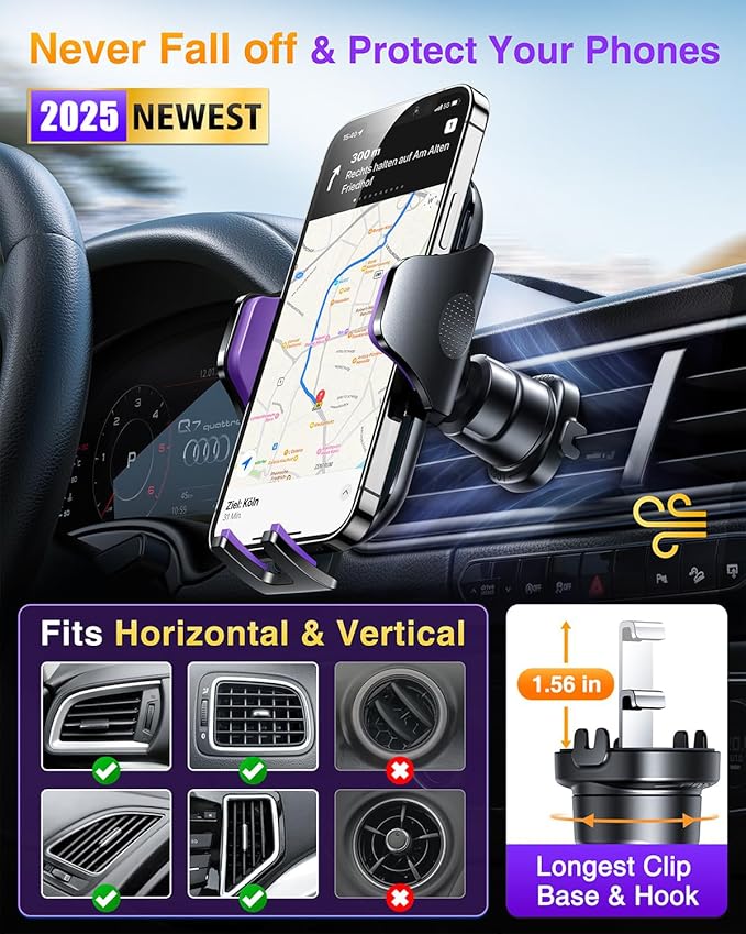 VANMASS Phone Holders for Your Car Ultimate Military-Grade Car Phone Holder Mount【Patent & Safety Certs】 Upgraded Shockproof Truck Air Vent Phone Mount for iPhone 17 Pro Max 16 Samsung Android,Purple