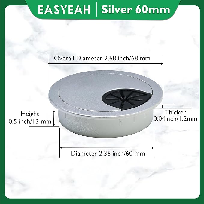EASYEAH 2 Pcs Desk Grommet 2-3/8" / 60 mm, Desk Cord Hole Cover, Cable Grommet ABS Plastic, Desk Hole Grommet for Home & Office Pc, Detachable Cable Cord Organizer-Silver Sand