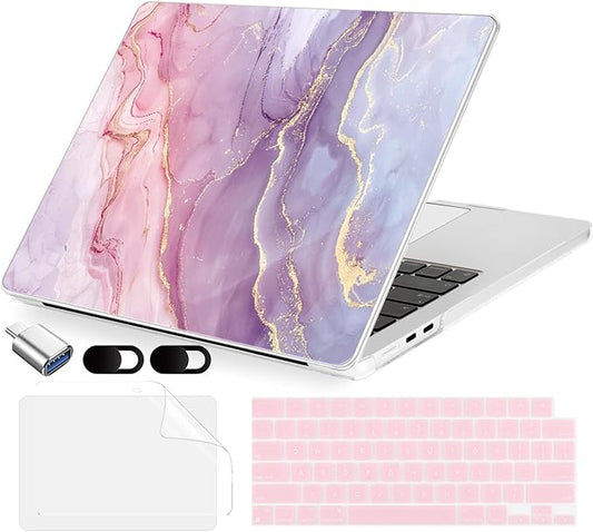 MecBevia Compatible with 2026 M5 MacBook Air 13 inch Case 2026 2025 2024-2022 M5 A3449 M4 A3240 M3 A3113 M2 A2681, Keyboard Cover, Screen Protector, Webcam Cover & Type-C OTG, Pink Marble