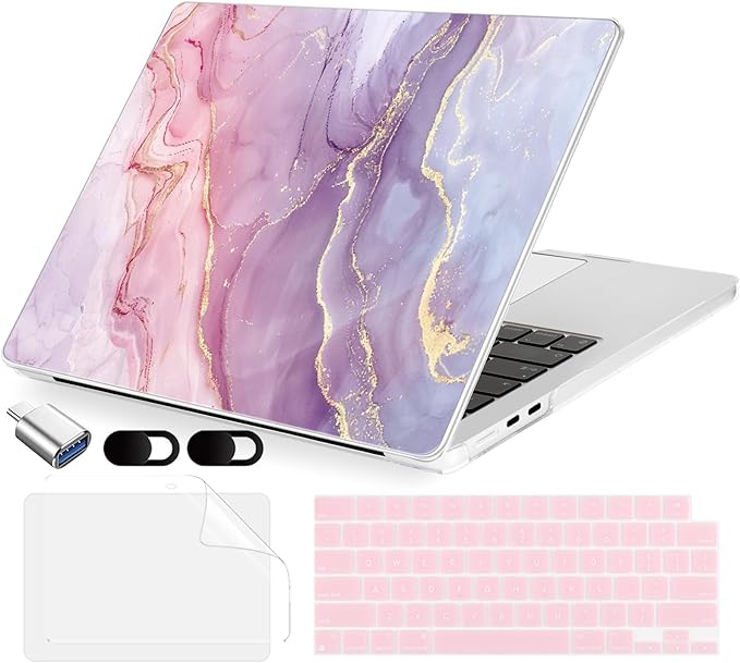 MecBevia Compatible with 2026 M5 MacBook Air 15 inch Case, 2026 2025-2023 M5 A3448 M4 A3241 M3 A3114 M2 A2941, Keyboard Cover, Screen Protector, Webcam Cover & Type-C OTG, Pink Marble