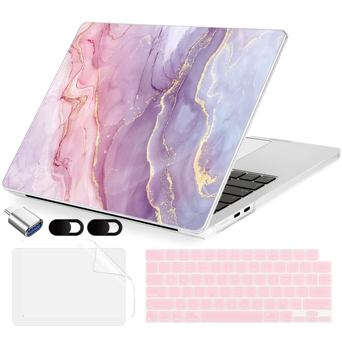 MecBevia Compatible with 2026 M5 MacBook Air 13 inch Case 2026 2025 2024-2022 M5 A3449 M4 A3240 M3 A3113 M2 A2681, Keyboard Cover, Screen Protector, Webcam Cover & Type-C OTG, Pink Marble