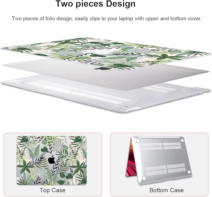 LCMOCICO for MacBook Air 13 inch Case 2021 2020 2019 2018 for Mac A2337 M1 A2179 A1932 Cover with Touch ID, Crystal Plastic Hard Shell Case Keyboard Skin Screen Protector, Tropical Green Leaves