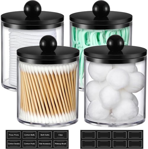 Clear & Black Acrylic Qtip Holder Dispenser | 4 Pack Cotton Swab Storage Canister Set - Bathroom Essentials