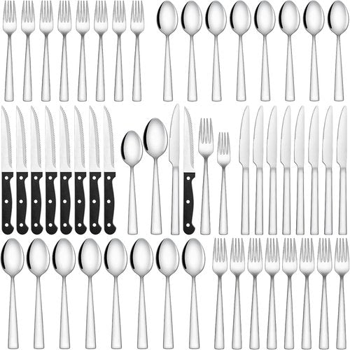CEKEE 48-Piece Stainless Steel Silverware Set - Mirror Polished Flatware for 8 with Steak Knives, Dishwasher Safe