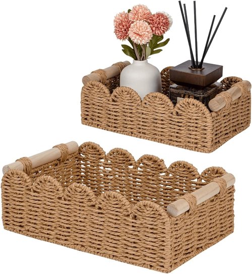 CubesLand Toilet Paper Storage Organizer - Scalloped Wicker Basket for Home Decor & Countertop | Neutral Color