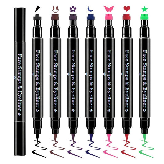 7Pcs Colored Liquid Eyeliner Stamp Pen Double-sided Face Stamps Set Green Red Pink Blue Purple Brown Black Eyeliner, Star Heart Butterfly Moon Flowers Smiley Triangle Stamp for Cosplay Eye Makeup