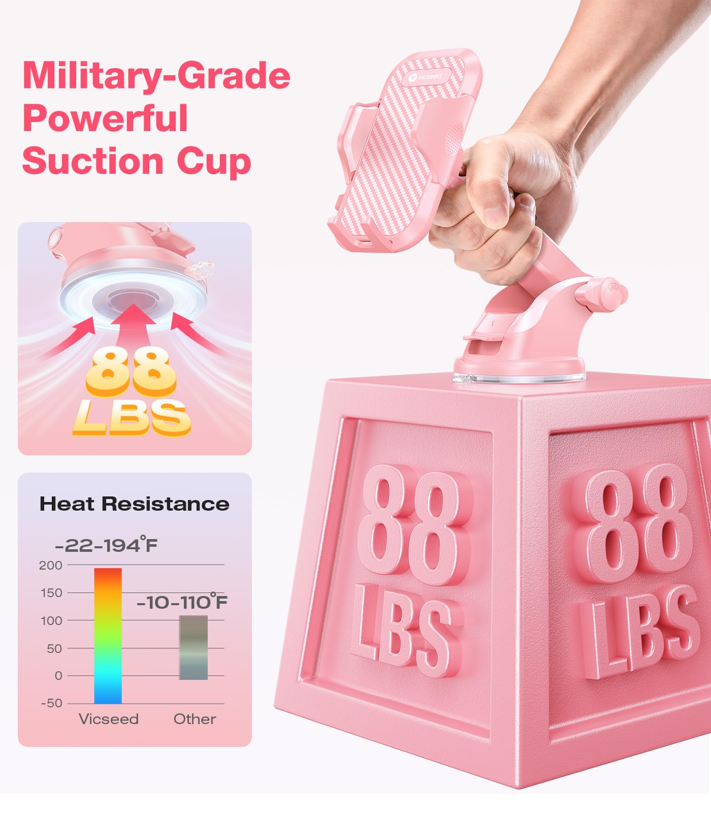 VICSEED Pink Phone Holder for Your Car [Sturdy & Durable] [Powerful Suction] Dashboard Windshield Air Vent Car Phone Holder Hands Free Phone Mount for Car for iPhone Android, Pink Car Accessories