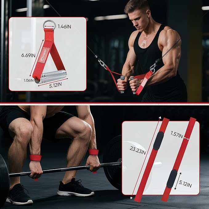 FitBeast Aluminum Alloy Exercise Handles & Lifting Straps Set - Gym Handles for Cables Machine with Thick D Buckle, Stable Grip, Ideal for Home Gyms, Fitness Centers, Strength Training for Men (Red)