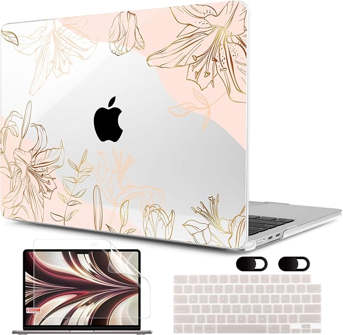 MEEgoodo Case for M5/M4/M3/M2 MacBook Air 13 inch 2026 2025 2024 2022, Fit Model A3449/A3240/A3113/A2681, Case Compatible with MacBook Air 13.6-inch, Gold Flowers Lilies
