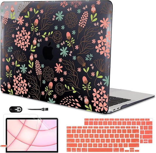 LCMOCICO for MacBook Air 13 inch Case 2021 2020 2019 2018 Release M1 A2337 A2179 A1932, Pritned Pattern Plastic Hard Case Cover for MacBook Air 13.3" Retina Display Touch ID, Seamless Flower Black