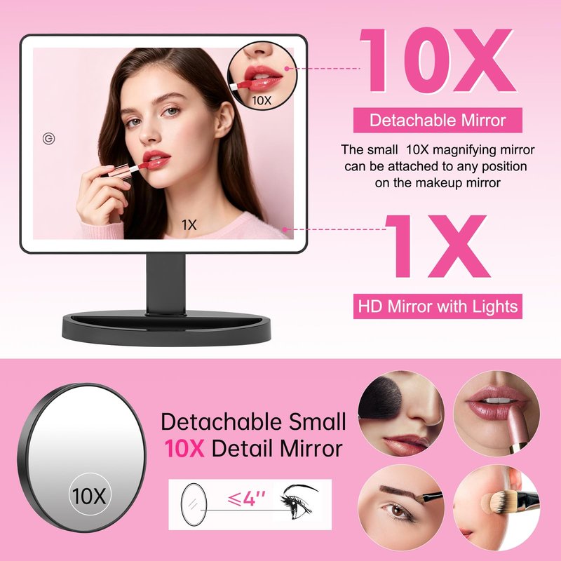 FUNTOUCH Large Lighted Makeup Mirror with Lights, 3 Color Lighting Modes Light Up Mirror with 88 LED, 10X Magnification and 360° Rotation Touch Screen Tabletop Cosmetic Vanity Make Up Mirror (Black)