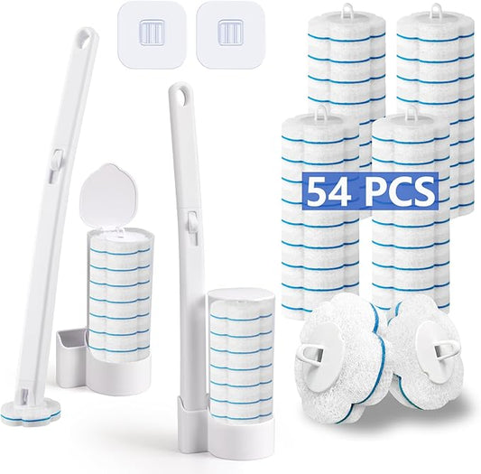 Disposable Toilet Brush， 2 Pack Toilet Wand and Holder with 54 Cleaner Refills Disposable Toilet Cleaning System Cleaner Pads for Toilet Bowl，Bathroom Cleaning，Sink，Bathtub - White