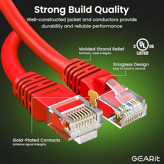 GEARit Cat 6 Ethernet Patch Cables 1 ft Red (Cat 6 Ethernet Cables 1 ft 24-Pack), CAT6 High Speed 24AWG 10Gbps RJ45 Snagless Gold-Plated, Ethernet Cable for Router, Switch, PC, PS5 Gaming, Server