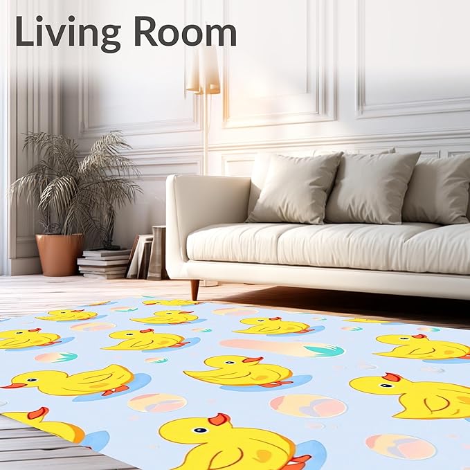 Flatwoven High Traffic Area Rug 8x8, Delightful Yellow Ducklings with Bubble Motifs Cartoon Design, Non Slip, Stain Resistant, Washable Area Rugs for Living Room, Bedroom (Yellow, 8x8)