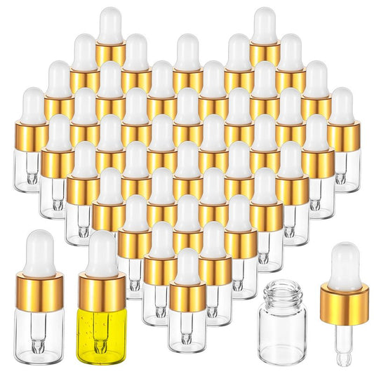wutfuooo 100 Pcs Mini Glass Oil Dropper Bottle Bulk, 2 ml Gold Clear Essential Small Empty Bottles Sample Containers Perfume Liquid Vials with Cap for Traveling