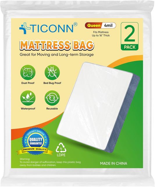 TICONN Waterproof Mattress Bag - Heavy-Duty Plastic Protector for Moving | 2-Pack, Queen Size