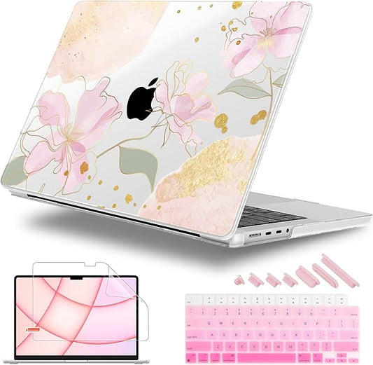 Lepeoac for MacBook Pro 16 inch Case M1 M2 M3 M4 M5 Pro/Max with Liquid Retina XDR, Release 2021-2025 2026 A3429 A3428, Hard Shell Case with Screen Protector & Keyboard Cover, Gold Blossom Flowers