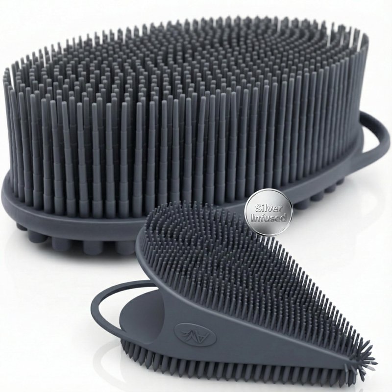 Avilana Silver Edition Body Scrubber and Face Brush Set - Silver-Ion Infused Silicone 2-in-1 Kit, ISO Tested Both Pieces, Stays Fresher Longer Gentle Exfoliating Sensitive Skin Women Men Gift Skincare
