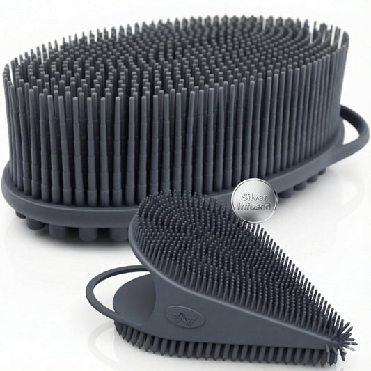 Avilana Silver Edition Body Scrubber and Face Brush Set - Silver-Ion Infused Silicone 2-in-1 Kit, ISO Tested Both Pieces, Stays Fresher Longer Gentle Exfoliating Sensitive Skin Women Men Gift Skincare