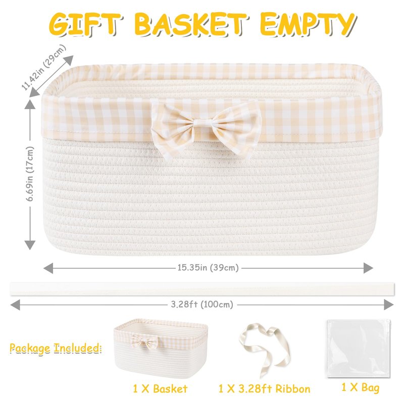 OIASKET Basket for Gifts Empty, Large Gift Basket 19L with Gift Bag and Ribbon, Woven Cotton Basket for Baby Showers, Birthday, Wedding, Easter, 15.35"x11.42"x6.69", White and Cream