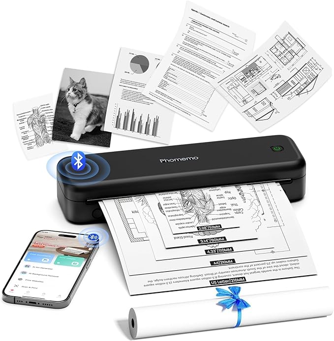 Phomemo M834 Portable Printer Wireless for Travel Upgraded, Bluetooth Thermal Printer 8.5" x 11"&A4, Compatible with iOS,Android & PC,Inkless Mobile Printers for Travel,Office,School,Home,Black