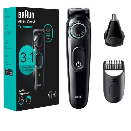 Braun All-in-One Style Kit Series 3 3430, 3-in-1 Trimmer for Men with Beard Trimmer, Ear & Nose Trimmer, Hair Clippers, Ultra-Sharp Blade, 20 Length Settings, Washable