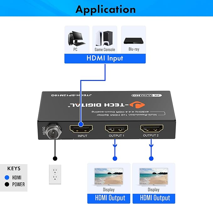 J-Tech Digital HDMI Splitter 1 in 2 Out 4K 60Hz 18Gbps – 1x2 HDMI 2.0 Hub for Multiple Monitors Duplicate/Mirror Screen, Premium Ultra HD [JTD4KSP0102]