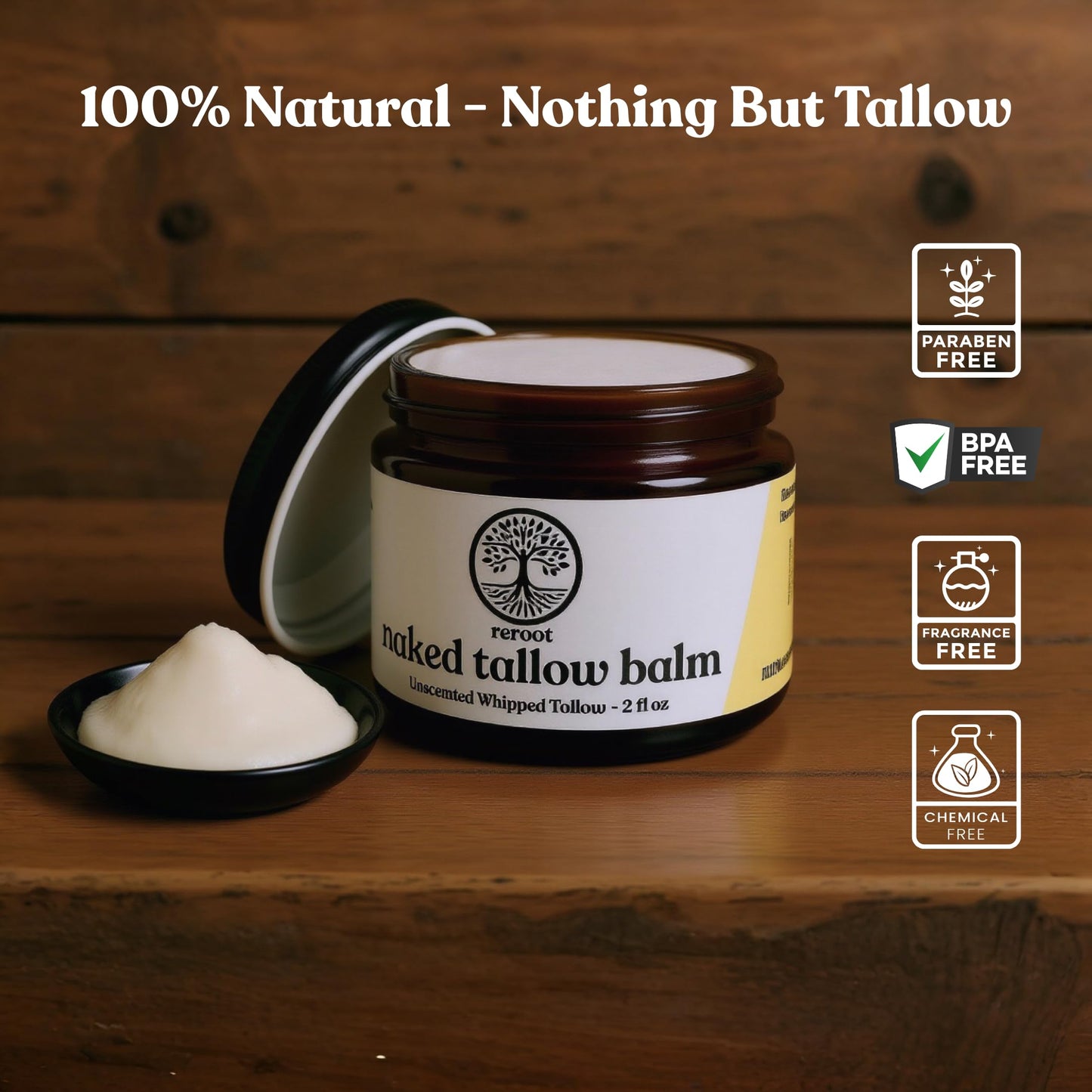 Reroot Organics Beef Tallow Balm for Skin | NAKED TALLOW BALM | 1 Ingredient - 100% Grass Fed Grass Finished Tallow | Whole Body & Face Moisturizer | Whipped | Dry Skin, Eczema, Rosacea, (2oz)