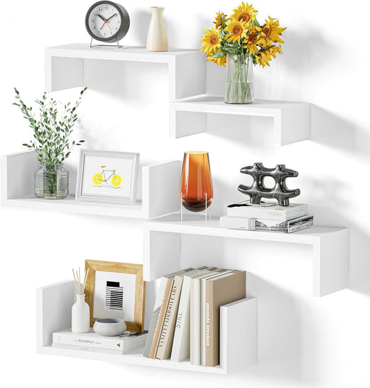 SRIWATANA Floating Wall Shelves - Set of 5 Wood Shelves for Home Decor | Versatile for Bathroom, Bedroom, Kitchen, Office (Washed White)