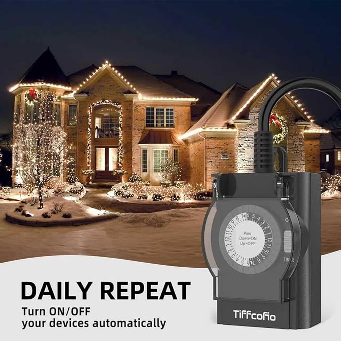TiFFCOFiO Outdoor Timer Outlet Waterproof, 24 Hour Mechanical Light Timer Outdoor, 2 Grounded Outlets for Home and Garden, 15A 1/2HP, Heavy Duty, ETL Listed (2 Pack)