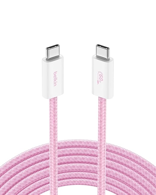 Belkin USB C to USB C Cable, 9.9ft, 60W - Type C Charger, iPhone Charger Cord, Soft, Braided, Flexible for iPhone 17, Galaxy S25, Pixel 10, Airpods, iPad Pro, Table & More, Travel Essentials - Pink