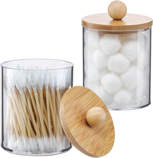 Qtip Holder Dispenser by [Brand Name] - 2 Pack Bamboo Lid Apothecary Jars for Makeup Storage | 10 oz Clear Plastic