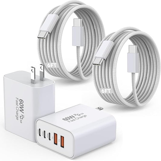 iPhone 17/16 Fast Charger Block,2 Pack 60W USB Charging Block 5-Port Charge Adapter for Apple iPhone Charger with 6FT USB C Woven Fast Charging Cable for iPhone17/16e/16Pro/15ProMax, iPad Pro/Air/Mini
