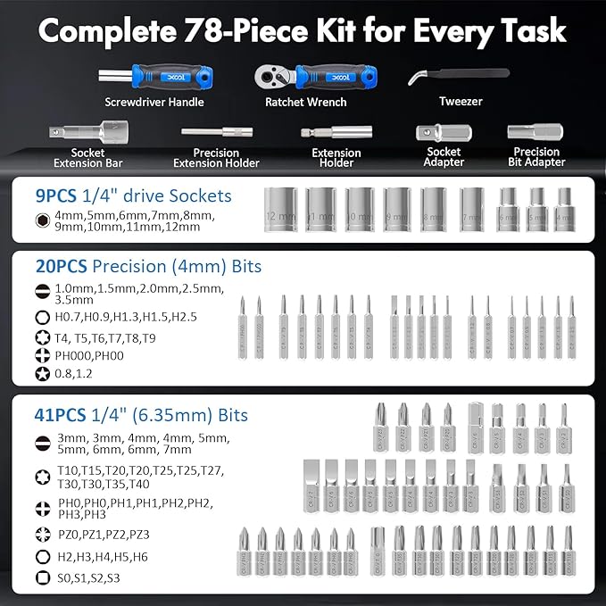 XOOL 78-Piece Ratchet Wrench & Screwdriver Tool Set with Metric 1/4" Sockets 4–12mm, Magnetic Precision & Standard Bits for Electronics, Home Repair & DIY