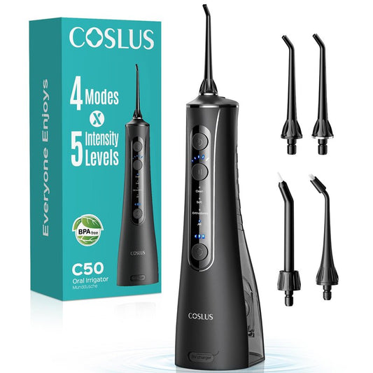 COSLUS C50 Portable Water Flosser for Teeth: 4 Modes & 5 Intensity Levels Professional Electric Dental Pick for Sensitive Gums, Braces & Orthodontic - Cordless for Travel Use, BPA-Free, ADA Accepted