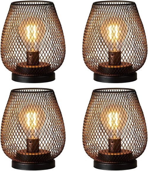 DECORKEY LED Table Lantern Set - Vintage Battery Operated Brown Metal Cage Lamps | Perfect for Weddings & Events