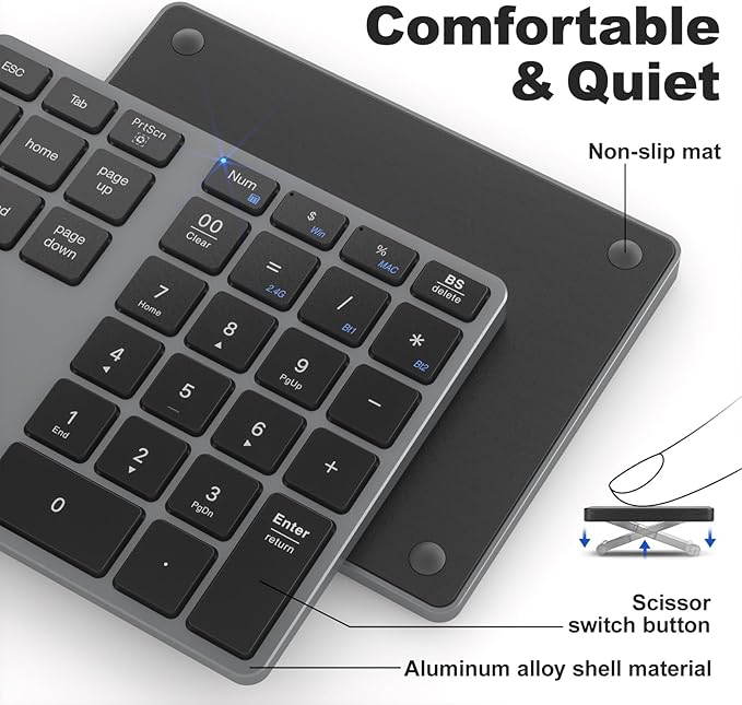 MOFII Number Pad for Laptop - Bluetooth Gray Wireless Numeric Keypad 35 Keys USB-C Rechargeable Numpad, Accounting Portable Financial Data 10 Key for Laptop/PC/Desktop/Notebook/Surface Pro
