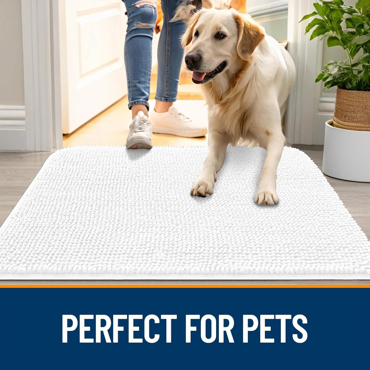 OLANLY Dog Door Mat - Absorbent Non-Slip Chenille Mat for Muddy Paws | 59x24 Inches, Quick Dry White