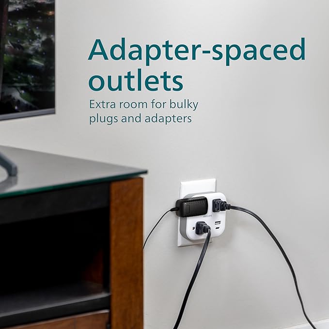 Philips EZFit 3-Outlet Surge Outlet Extender with USB, 1 USB-A, 1 USB-C, Adapter Spaced, Charging Station, 12W, 980 Joules, White - SPP9393W/37