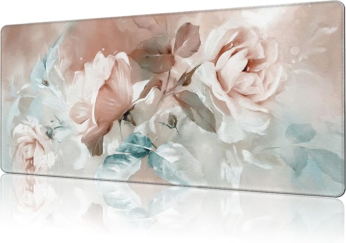 NIYLYNSYN Mouse Pad Large Rose and Leaves Non-Slip Game Desk Mat with Stitched Edge Laptop Keyboard Desk Pad for Work Home Gaming (35.4 x 15.7 Inches)