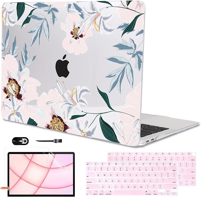 LCMOCICO Compatible with MacBook Air 13 inch Case 2021 2020 2019 2018 M1 A2337 A2179 A1932 with Retina Display & Touch ID, Pattern Plastic Hard Shell Case Keyboard Skin Cover, Pink Peonies & Lilies