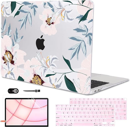 LCMOCICO Compatible with MacBook Air 13 inch Case 2021 2020 2019 2018 M1 A2337 A2179 A1932 with Retina Display & Touch ID, Pattern Plastic Hard Shell Case Keyboard Skin Cover, Pink Peonies & Lilies