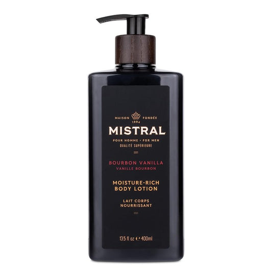Mistral Bourbon Vanilla Body Lotion for Men - Fast-Absorbing Moisture-Rich Cream with Shea Oil & Squalane | 13.5 fl oz