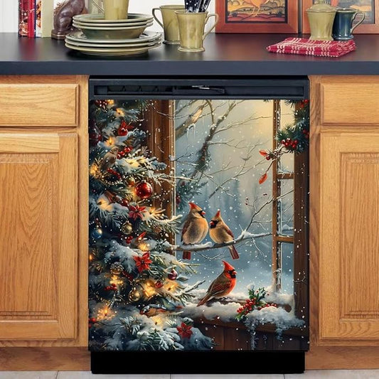 Christmas Tree and Birds Dishwasher Face Cover Magnetic,Magnetic Dishwasher Decorative Winter Snow Landscapes Stickers,Window Art Magnetic Dishwasher Sticker,Fridge Door Cover,23Wx26H