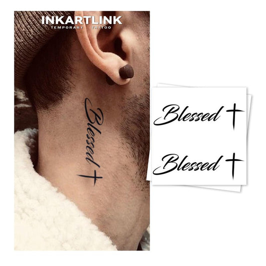 INKARTLINK Tattoo Tech, 3 Sheets Medium Semi Permanent Tattoo, Adult Art Design Temporary Tattoos, Lasts 1-2 Weeks, Waterproof, Realistic Look, No Reflection (Blessed)