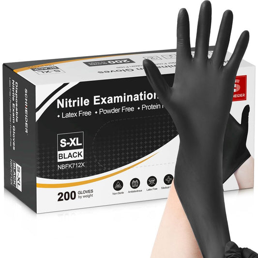 Schneider Nitrile Exam Gloves, 4 Mil Black Gloves Disposable Latex Free Powder Free, Food Safe for Cooking, Food Prep, Clean (200, Medium)